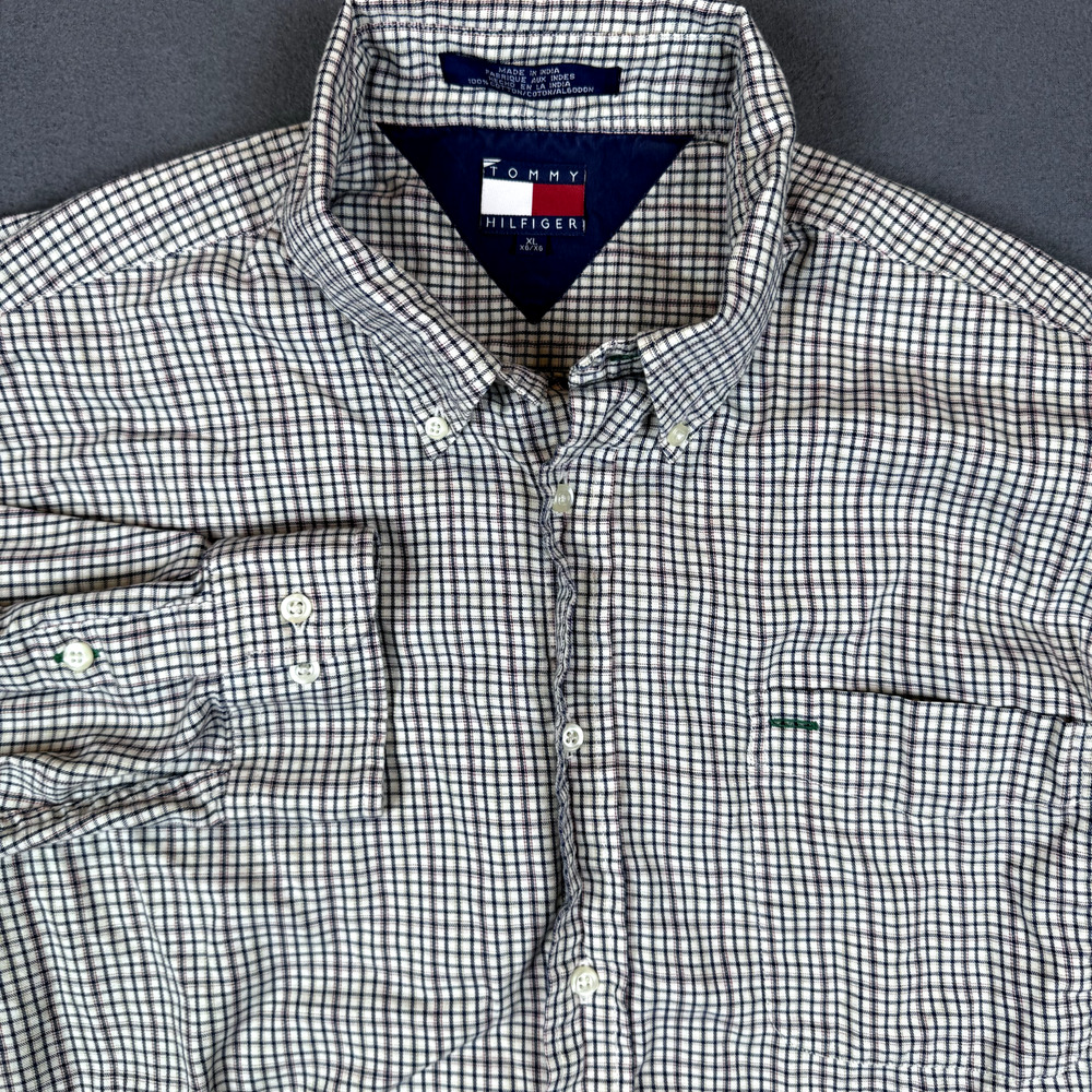 Tommy Hilfiger Shirt Men's XL Button Down Collared White Black Red Striped Dress